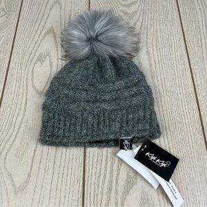 Kyi Kyi Canada Knit Winter Hat Faux Fur PomPom OS Charcoal Gray $68